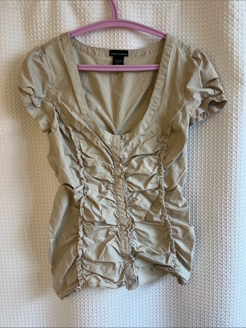 Moda International Ruched Scoop-Neck Beige Women's Blouse